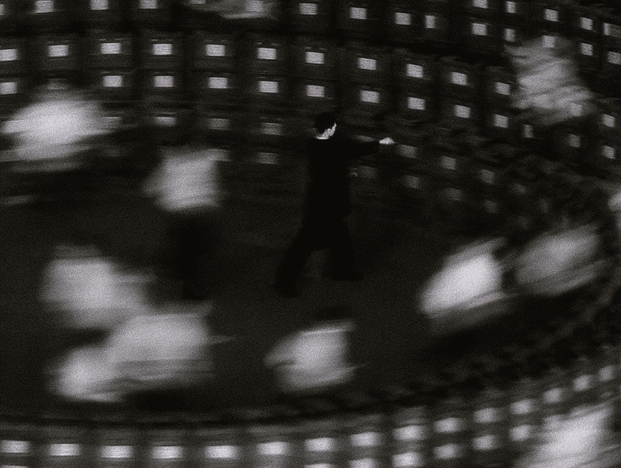 A single clerk standing at the centre of an enormous hall of ledgers.